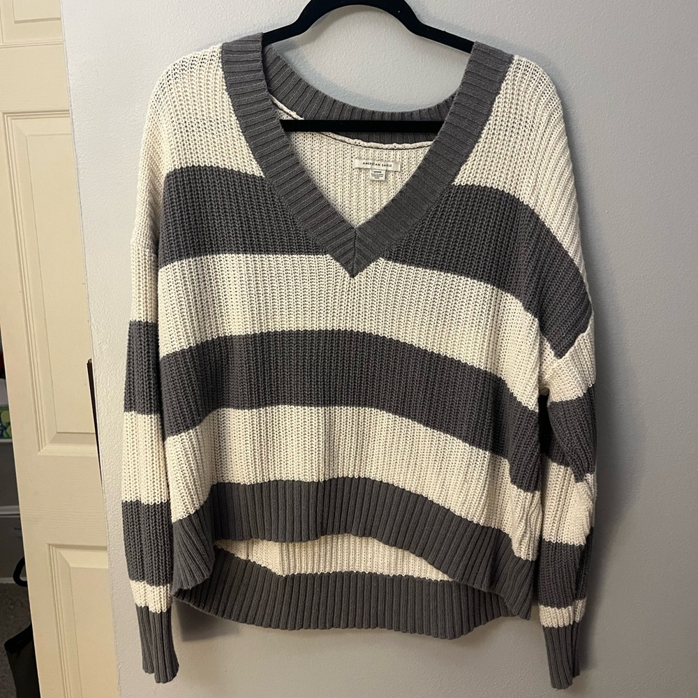 American Eagle Grey Striped Oversized V-neck Sweater